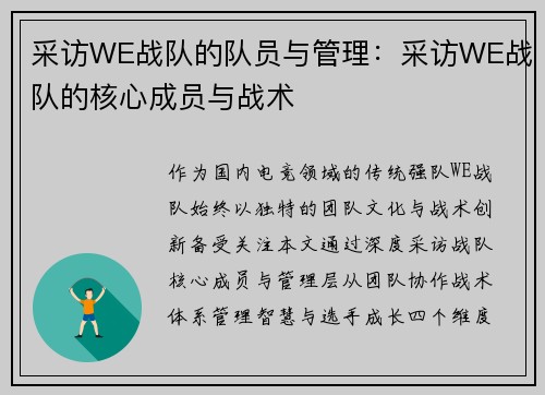 采访WE战队的队员与管理：采访WE战队的核心成员与战术