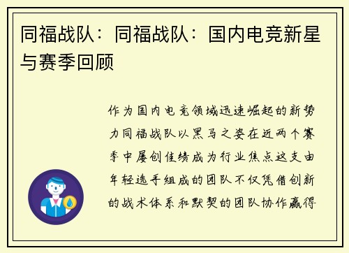 同福战队：同福战队：国内电竞新星与赛季回顾