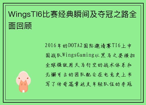 WingsTI6比赛经典瞬间及夺冠之路全面回顾