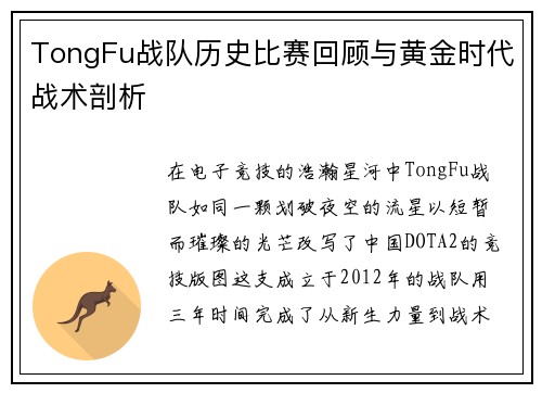 TongFu战队历史比赛回顾与黄金时代战术剖析