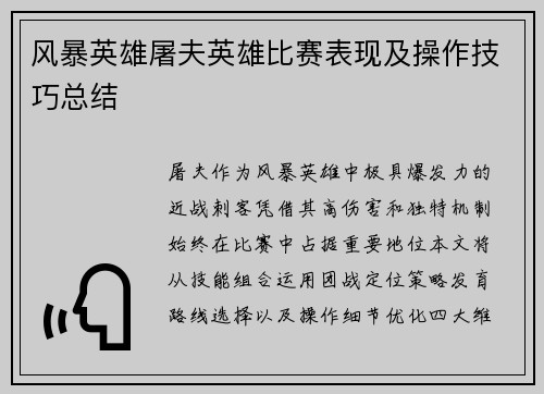 风暴英雄屠夫英雄比赛表现及操作技巧总结