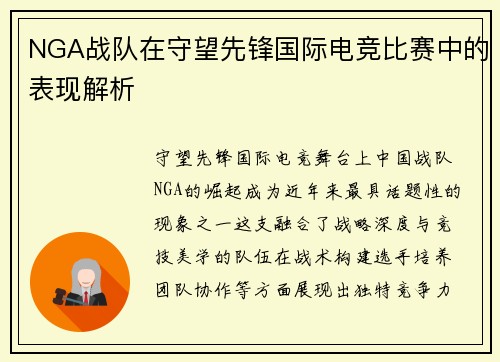 NGA战队在守望先锋国际电竞比赛中的表现解析